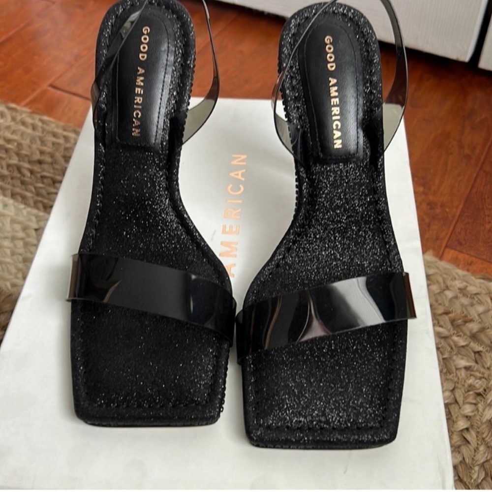 New! Good American Black Rhinestone Lucite Heel Sandals Size 7.5 Black NIB